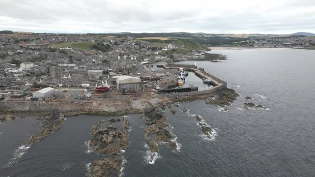4K Drone Aerial View of Macduff Harbour and Town, Aberdeenshire, Scotland