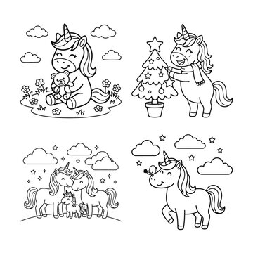 Cute unicorn coloring page set. Adorable magical pony characters for kids activity book.