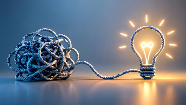 Problem solving innovation concept featuring tangled rope transforming into glowing lightbulb, symbolizing creativity, simplifying complexity and finding clear business solutions.