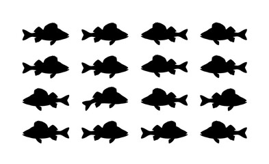 Fototapeta premium Collection of 16 Black Fish Silhouettes, Aquatic Wildlife Vector Graphics, Simple Seafood Icons for Design