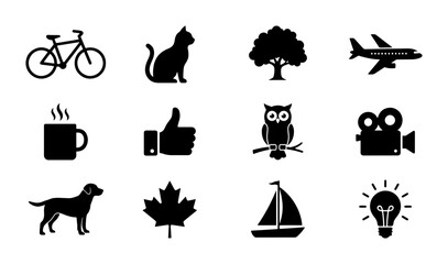 Fototapeta premium Vector Icon Set: Bicycle, Cat, Tree, Airplane, Coffee Cup, Thumbs Up, Owl, Camera, Dog, Maple Leaf, Sailboat, Lightbulb Icons