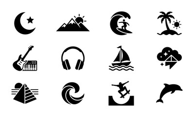 Fototapeta premium Diverse Icon Set: Crescent Moon, Mountains, Surfing, Palm Tree Island, Guitar, Headphones, Sailboat, Storm, Pyramid, Wave, Skateboarder, Dolphin Vector Graphics