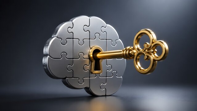 Unlocking human brain potential puzzle concept featuring golden key representing psychological health, intelligence, and cognitive problem solving