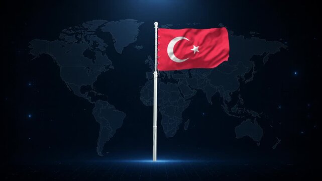 Turkish flag waving in front of a digital world map. National symbol representing Turkey and global connectivity.