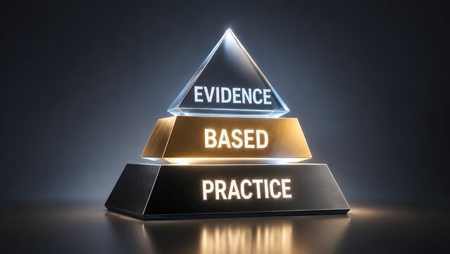 Evidence based practice pyramid concept showing illuminated tiers representing medical research, scientific standards, and professional healthcare methodology
