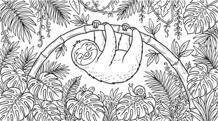 Cute sloth hanging on a bamboo branch in the tropical jungle coloring page for kids © Mostafizur