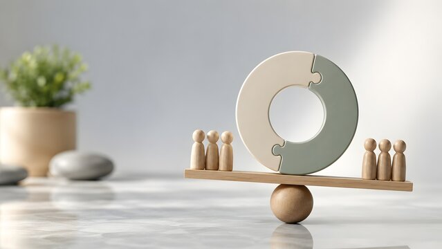 Corporate team synergy and organizational balance concept featuring wooden peg figures and interlocking puzzle pieces on a scale