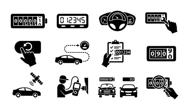 Automotive Diagnostics Icons, Car Maintenance Symbols, Vehicle Inspection Graphics, Digital Odometer & GPS Tracking Vector Set