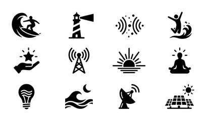 Abstract Icons Set: Surfing, Lighthouse, Waves, Sunrise, Meditation, Star, Lightbulb, Moon, Satellite, Solar Panels, Signal, Jumping Person © Aysa