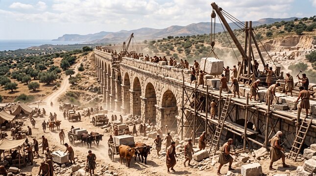 Ancient Roman workers building massive stone aqueduct bridge using wooden cranes and oxen carts in sunny Mediterranean coastal landscape scenery