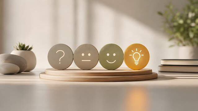 Customer satisfaction and problem solving concept with round tokens progressing from question mark and neutral face to glowing idea lightbulb