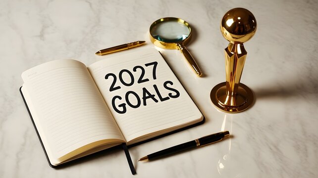 A notebook with the text 2027 goals written on the page, accompanied by a gold pen, a magnifying glass, and a golden trophy on a marble surface