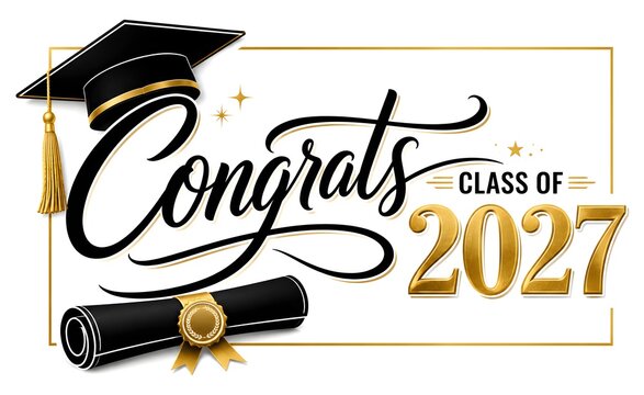 Elegant gold and black congratulations class of 2027 graduation design with diploma and cap