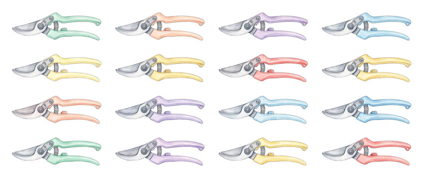 Garden pruning shears secateurs watercolor illustration set on black background, colorful pastel horticultural hand tools collection for gardening, hobby planting and floristry graphic design elements