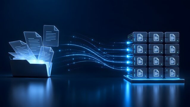 Digital document management system and data migration concept showing glowing files transferring from folder to secure server racks
