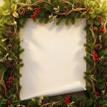 Christmas pine branch frame with red berries and curled paper