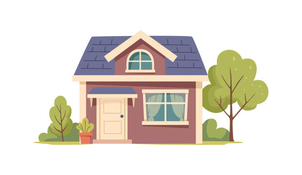 A cute purple country house with a blue roof. Flat vector illustration isolated on a white background.