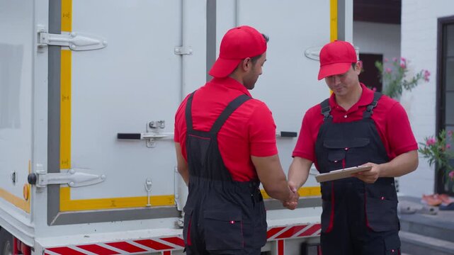 Delivery worker in red uniform carrying cardboard box to cargo truck at loading dock while logistics team discusses shipment service with clipboard beside vehicle