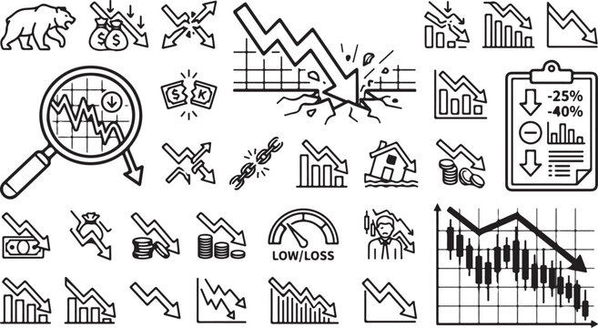 Set of hand drawn financial crisis and stock market crash icons and business recession symbols