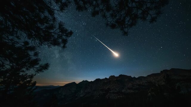 Bright meteor falling across starry night sky over mountain landscape for astronomy and nature content