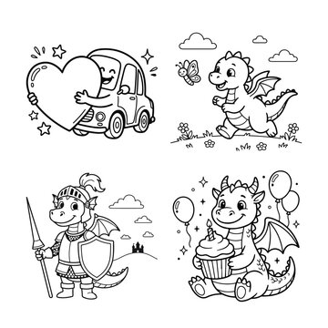 Cute dragon coloring page set. Fun cartoon creatures for kids activity book illustration.