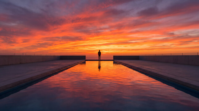 Silhouetted lone figure standing in a reflecting pool at sunset with vibrant orange sky and symmetrical architecture