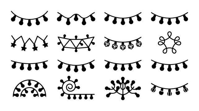 Decorative String Lights Vector Elements, Festive Garland Accents, Celebration Ornaments, Holiday Banners, Black and White Graphic Designs