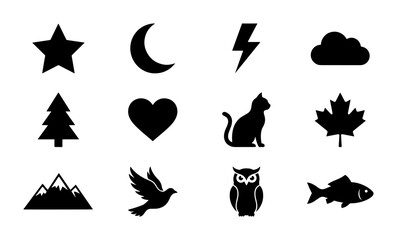 Fototapeta premium Black Silhouette Icons: Star, Moon, Lightning, Cloud, Tree, Heart, Cat, Maple Leaf, Mountains, Dove, Owl, Fish. Simple Vector Symbols for Design.