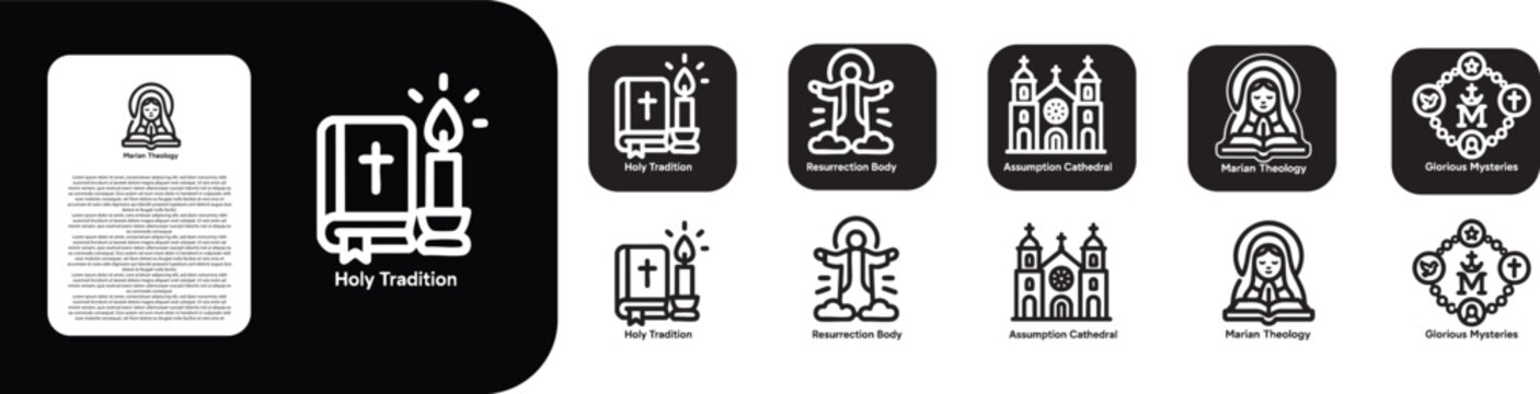 remium ultra bold line icon set for Assumption of Mary like Holy Tradition , Resurrection body , Assumption Cathedral , Marian theology , Glorious Mysteries.