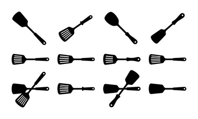 Kitchen Spatula Set, Cooking Utensil Icons, Food Preparation Tools, Grilling Flippers, Black Vector Silhouettes for Culinary Design © Kawsar