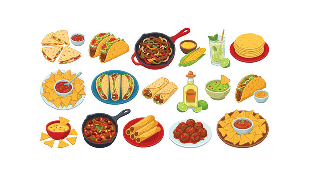 Mexican food traditional cuisine vector illustration set with tacos nachos quesadillas burritos fajitas and tequila bottle