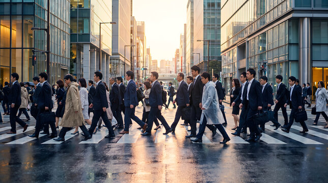 Urban white collar workers commuting across the street at dusk in a modern city
