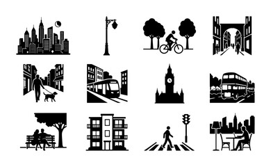 Obraz premium Urban Cityscape Icons Collection: Silhouette Buildings, Street Scenes, Transportation, and People in Black and White Vector Graphics for City Life Concepts