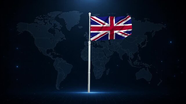 British flag waving on a pole against a digital world map. National symbol in a global digital context.