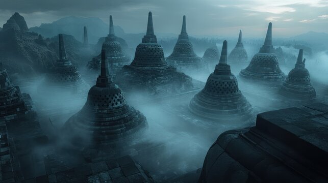 Ancient Borobudur temple stupas shrouded in morning mist.