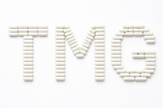 White pills are arranged to spell out the letters T M G on a white background.