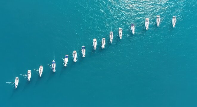 Fleet of Elegant Sailboats Navigating Azure Ocean Waters from Above