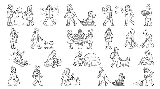 Winter outdoor activities line art collection, children playing in snow vector set, hand drawn kids winter holiday illustrations isolated PNG with Transparent Background