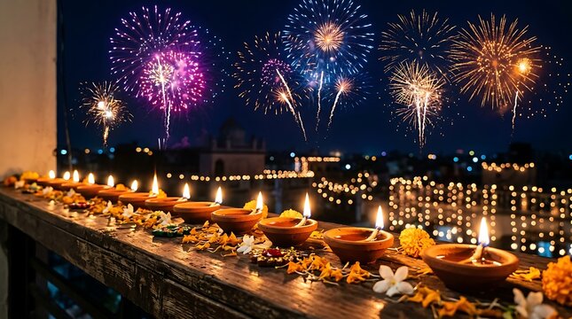 Diwali celebration with traditional clay oil lamps diyas arranged on a wooden balcony with colorful fireworks in the night sky