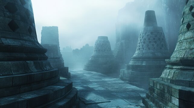 Ancient stone stupas in misty morning landscape ruins