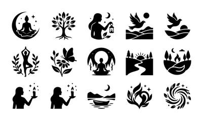 Obraz premium Serene Nature & Wellness Icons Set: Yoga, Meditation, Moon, Trees, Butterflies, Landscapes, Spiritual Symbols