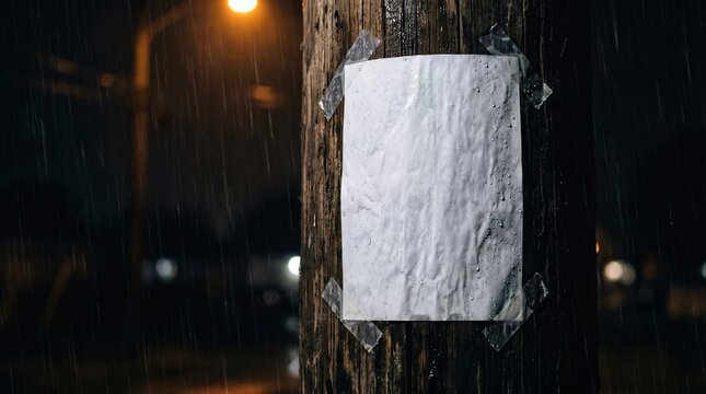 Blank Paper Flyer Taped on Wooden Pole at Night in Rain