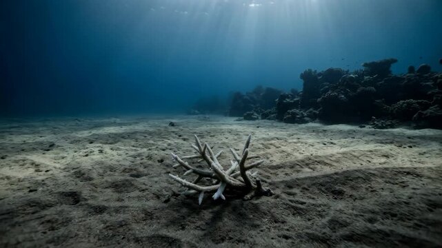 Bleached coral fragment resting on sandy ocean floor in underwater cinematic footage for marine conservation content
