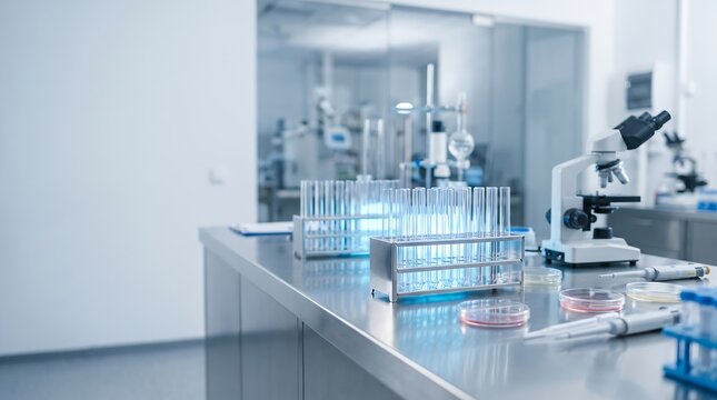 Modern Scientific Laboratory with Microscope and Test Tubes for Medical Research and Biotechnology Analysis