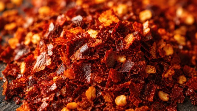 Dried red chili flakes piled on a dark stone surface, showcasing a rich texture and vibrant color, ideal for culinary use in various dishes and cuisines