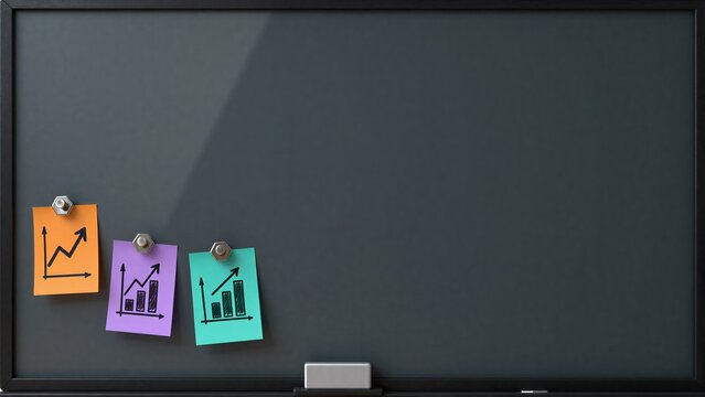 Three colorful sticky notes with upward trending charts pinned to a blackboard.