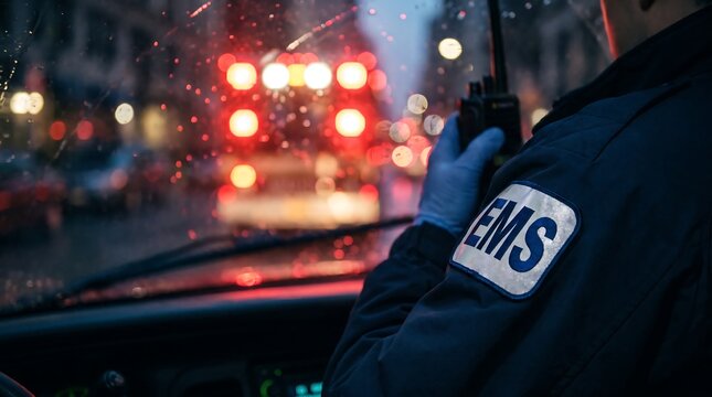 EMS Paramedic First Responder Using Portable Radio Communicator During Emergency Response at Night