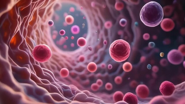 Cinematic footage inside a stem cell microenvironment with healthy stem cells surrounded by tissue