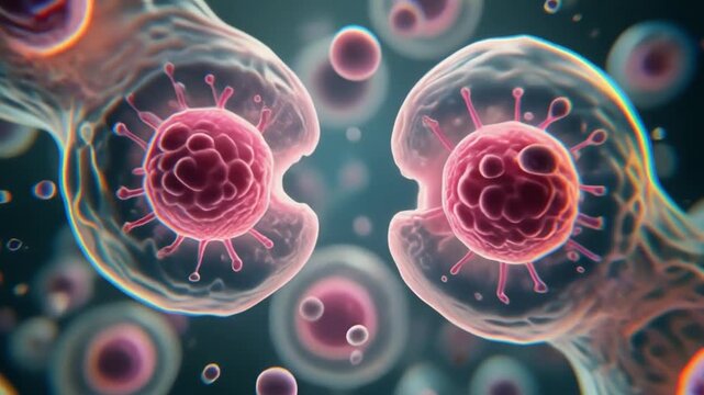 Cinematic microscopic footage of a stem cell undergoing natural cell division and multiplication