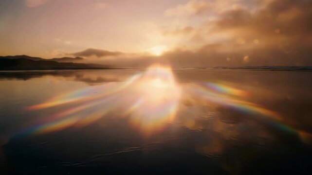 Sunset lens flare reflecting on calm ocean beach water for nature and cinematic content